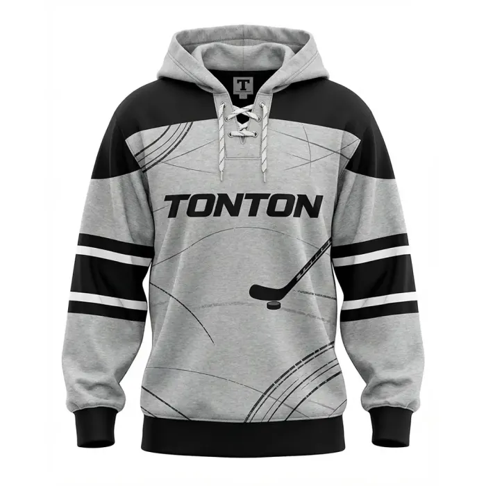 tonton grey and black custom hockey hoodie front view with marble texture and hockey stick graphic