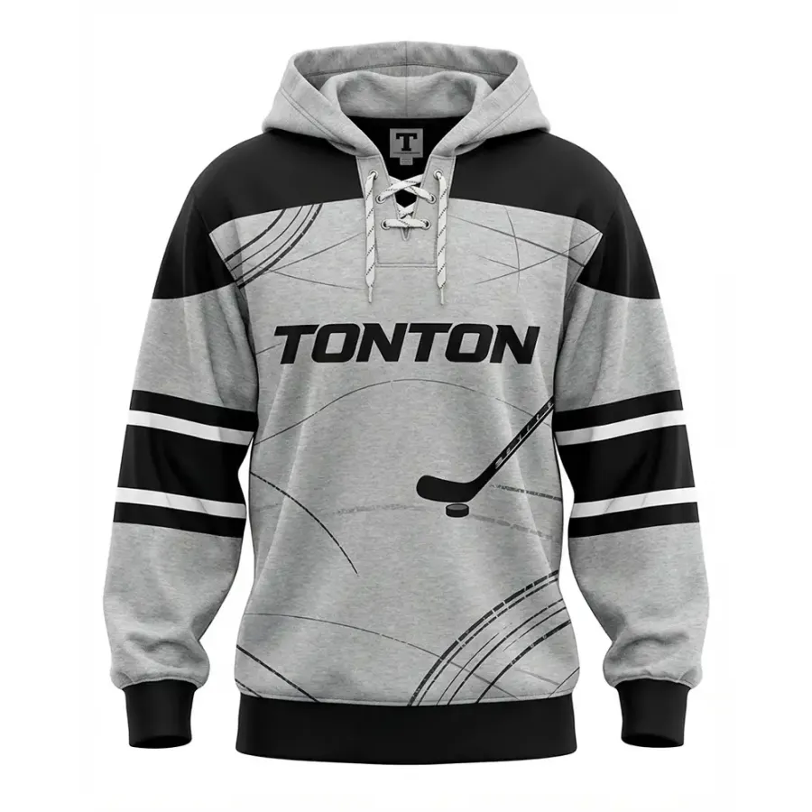 TONTON Minimalistisch skizzierter Eishockey-Hoodie – Grau-schwarze Skate-Lace-Lifestyle-Apparel