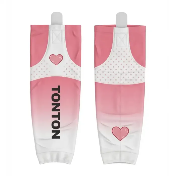 tonton pink and white custom sublimated hockey socks front view with heart graphic and polka dots