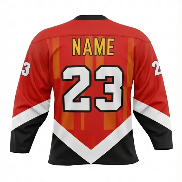 tonton red custom goalie cut jersey front view with black and white chevron design and trophy logo