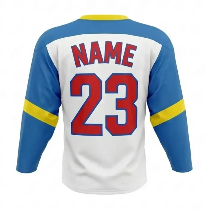 tonton white and blue custom professional game ice hockey jersey back view with yellow accents and red number