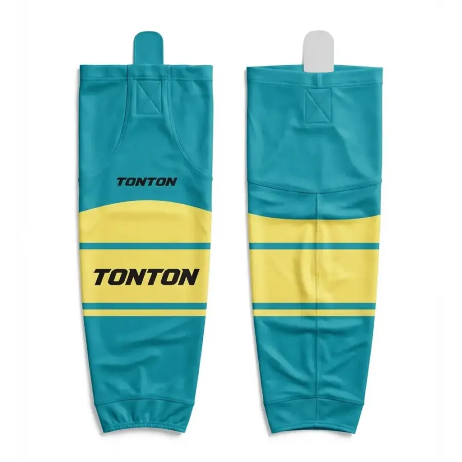 TONTON-Hockeysocken in lebendigem Türkis und Gelb mit Streifen – hochleistungsfähige, atmungsaktive Team-Ausrüstung