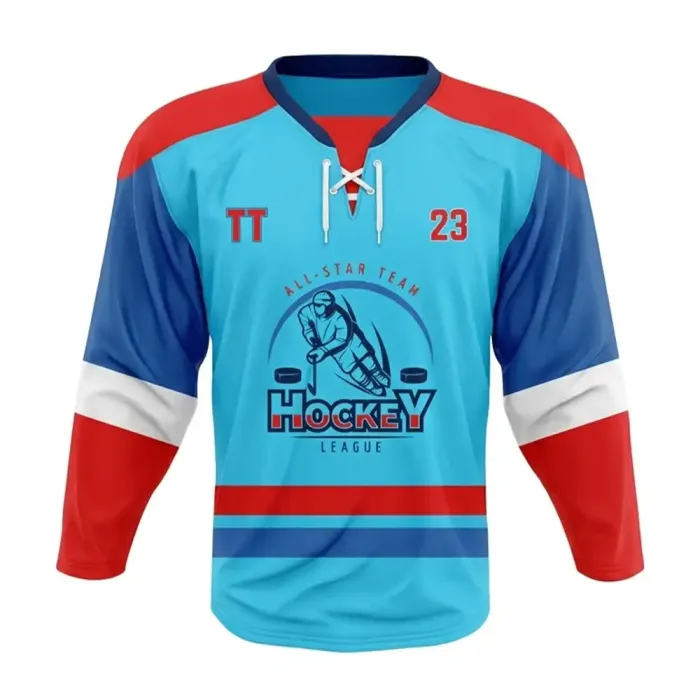 tonton light blue custom professional game hockey jersey front view with red shoulders and all star team graphic