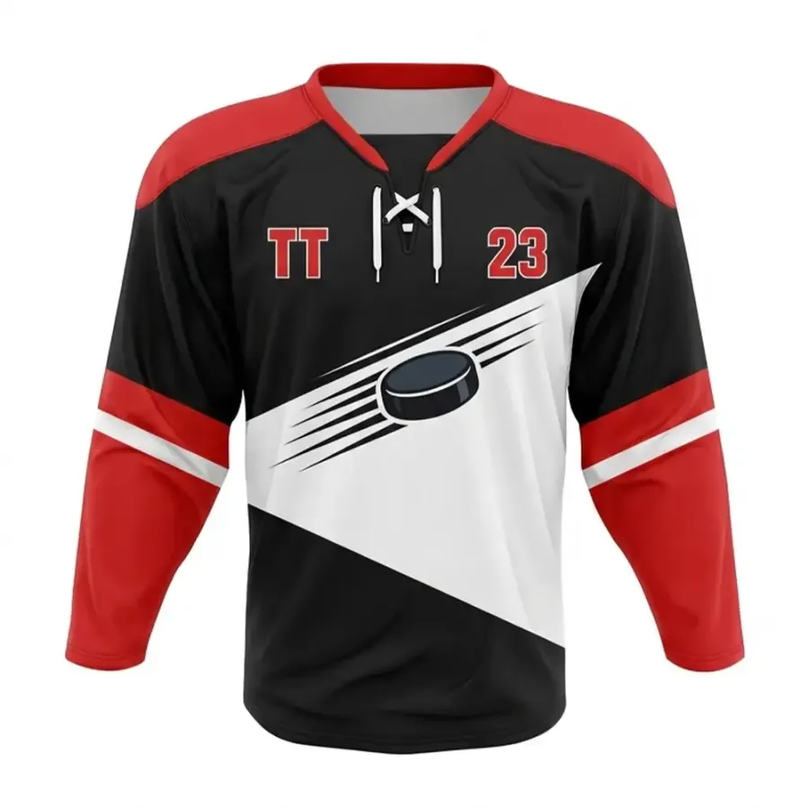 TONTON-Schlankes Hockeytrikot in Schwarz und Rot – Modernes, individuell gestaltbares Top mit Schnürung und V-Ausschnitt