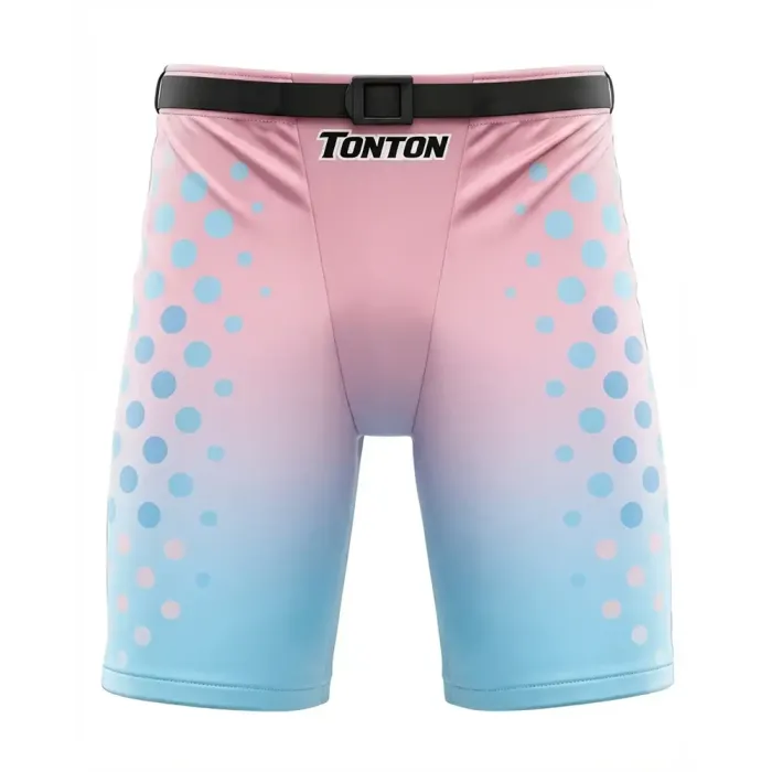 tonton pink and light blue gradient custom ice hockey shell pants front view with polka dots