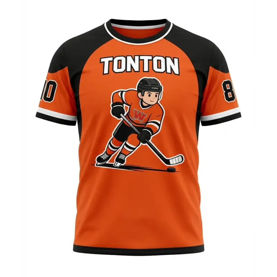 TONTON-Leibchen in lebendigem Orange mit Cartoon-Design für Hockey-Training – lustiges Performance-T-Shirt für den Einsatz abseits der Eisfläche