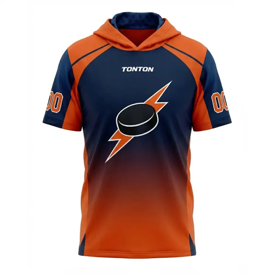 TONTON-Hockey-Hoodie in lebendigem Orange und Marineblau – Bolt-Design, Kurzarm, für den Einsatz außerhalb des Eises