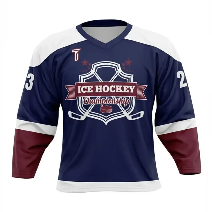 tonton navy blue custom goalie cut hockey jersey front view with white shoulders burgundy accents and championship shield