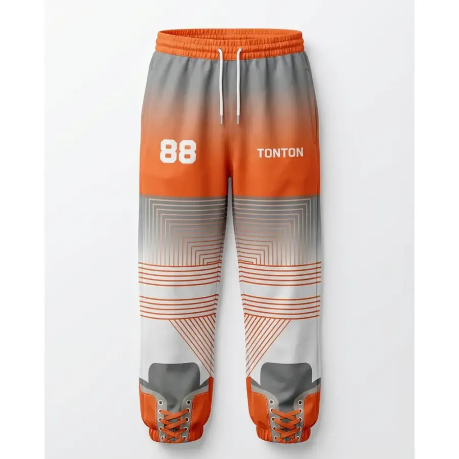 TONTON-Orange-Grau-lineare Verlaufshose für Hockey – moderne sublimierte Off-Ice-Teamwear