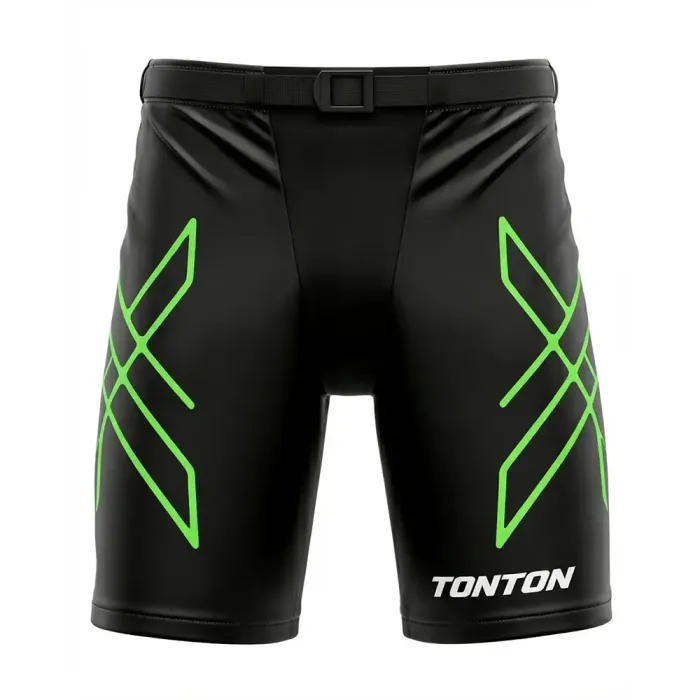 tonton black custom ice hockey shell pants front view with neon green geometric lines sportswear