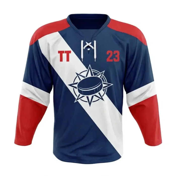 tonton navy blue and white custom professional game hockey jersey front view with diagonal split and red sleeves featuring compass logo