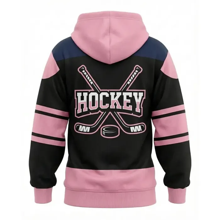 tonton custom hockey hoodie back view in pink and black with crossed sticks and hockey text