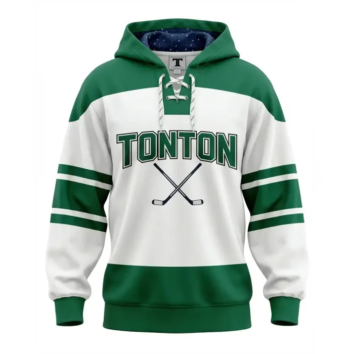 tonton white and green custom hockey hoodie front view with crossed sticks graphic team apparel