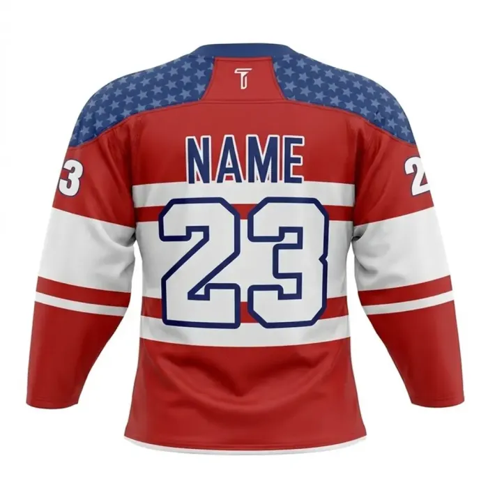 tonton american flag themed custom goalie ice hockey jersey back view with red white and blue design