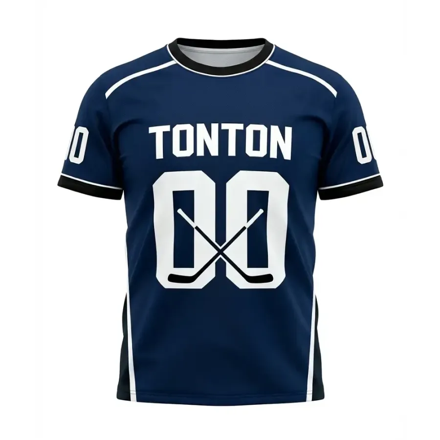 TONTON Pro-Style-Hockey-Trikot in Marineblau mit gekreuzten Schlägern – minimalistische Off-Ice-Sportbekleidung