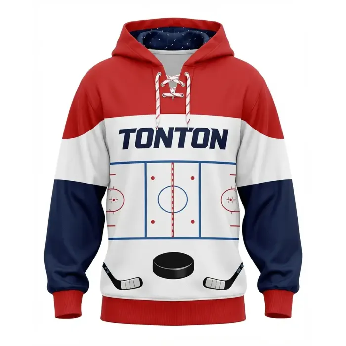 tonton red white and navy custom hockey hoodie front view featuring ice rink lines and puck graphic