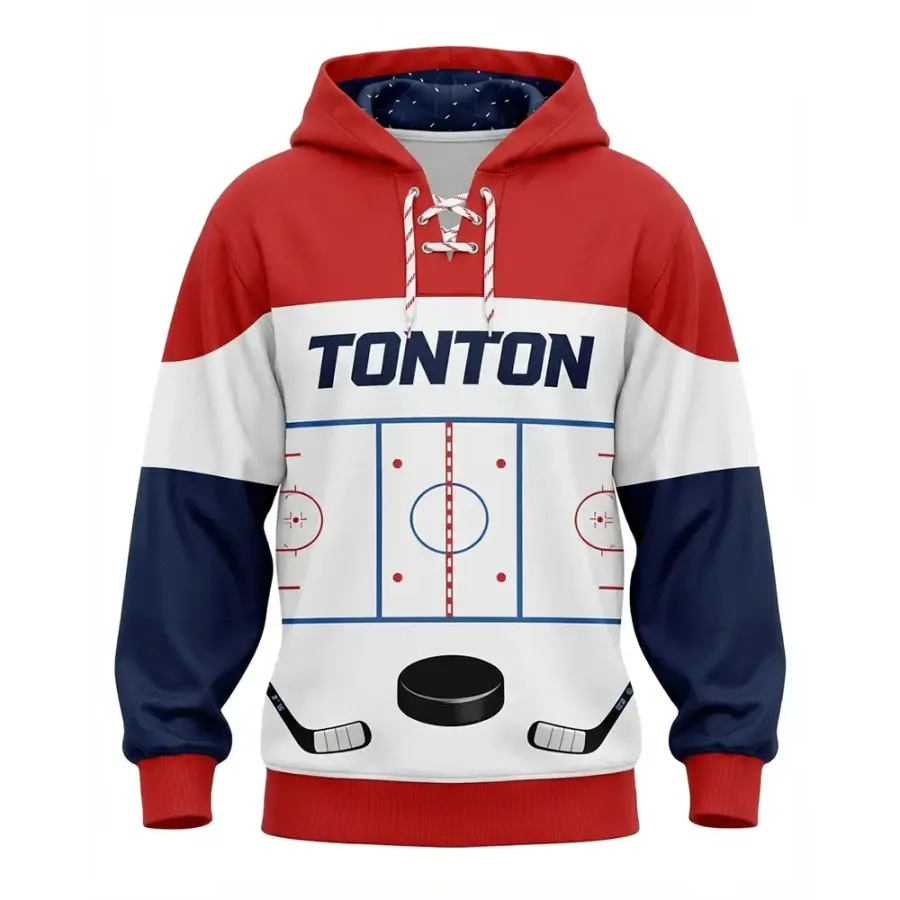 TONTON-Rink-Layout-Design-Hockey-Hoodie – Rot-blau gestaltetes strategisches Muster für Off-Ice-Ausrüstung