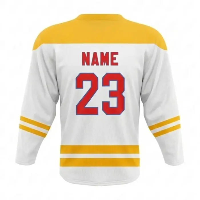 tonton white and yellow custom professional game hockey jersey back view ready for personalized team number