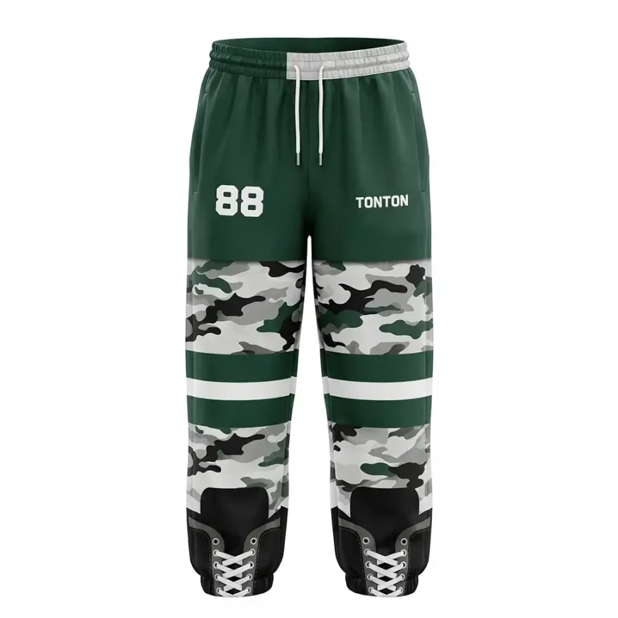 TONTON Dunkelgrüne individuelle Hockey-Jogger mit Woodland-Camo-Muster – Off-Ice-Trainingsbekleidung für Teams