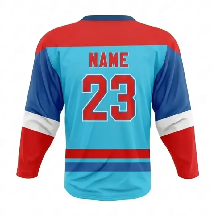 tonton light blue and red custom professional game ice hockey jersey back view athletic performance wear