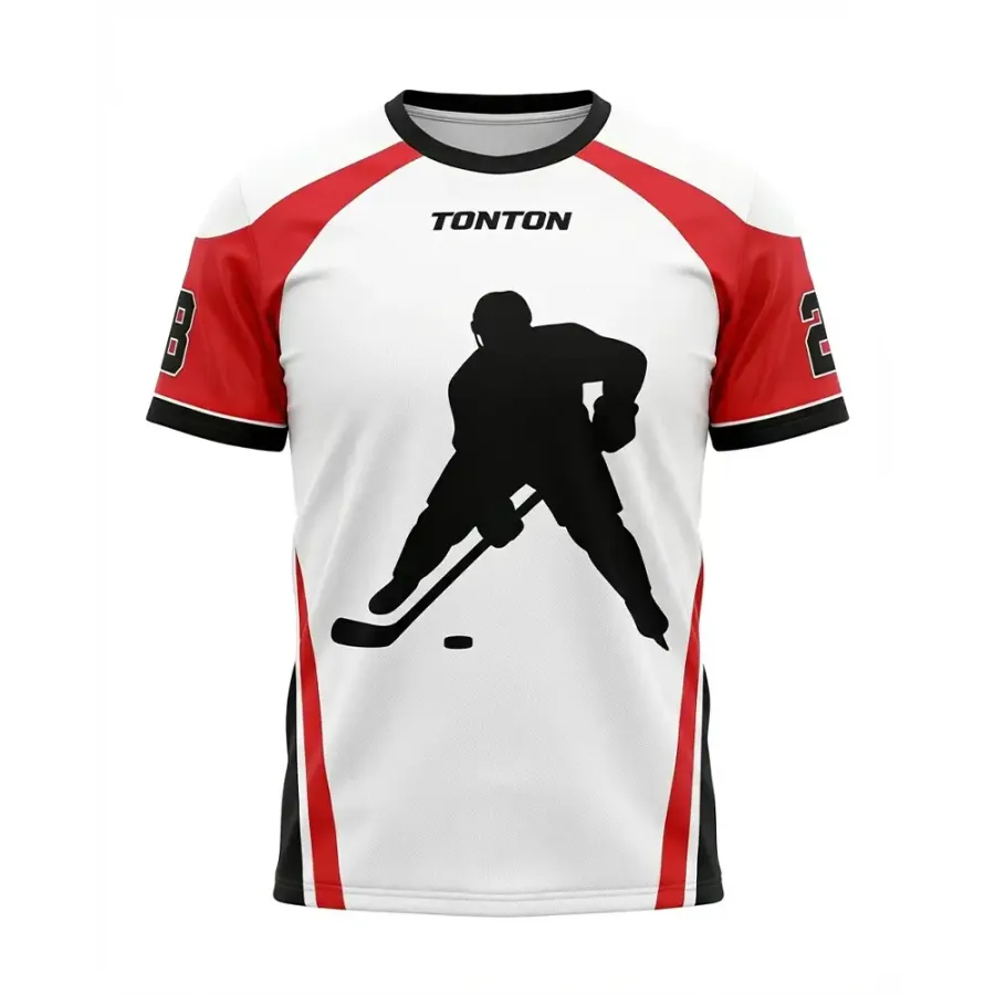 TONTON-Athleten-Silhouette-Hockey-Trainings-T-Shirt – Weiß-rotes Leistungs-T-Shirt fürs Off-Ice-Training