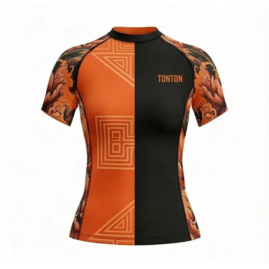 Tonton – Rash Guard feminin tradițional cu motiv de dragon, model împărțit – Echipament de înaltă compresie, portocaliu și negru