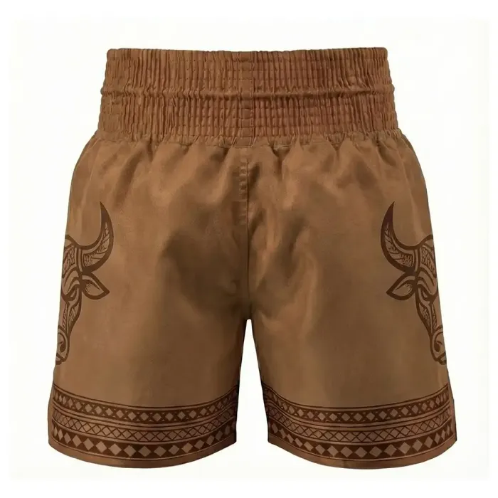 tonton brown custom boxing shorts back view featuring bull head graphic athletic gear