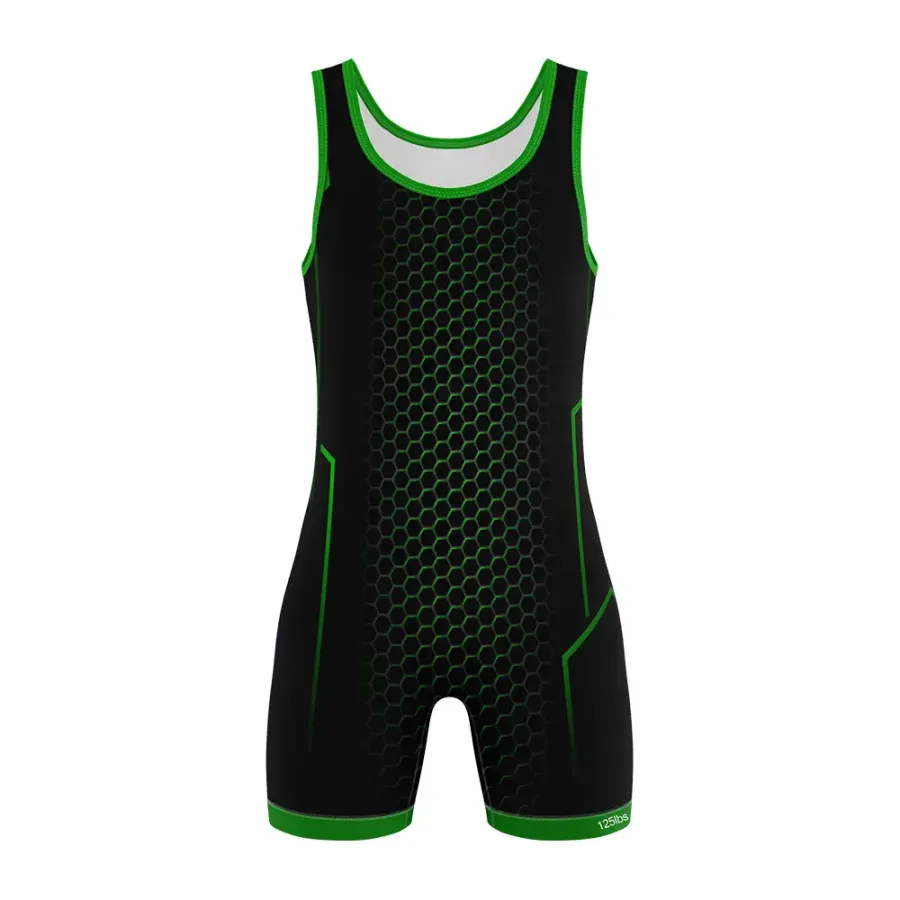 TONTON Cyber-Grün-Wrestling-Anzug mit Sechseck-Muster – verstärkte Kompressionsbekleidung mit 4-Nadel-6-Faden-Naht