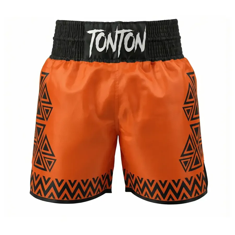Tonton Tribal Vibe Orange – Box Shorts pentru Box – Motiv Geometric cu Siluetă Tradițională de Box