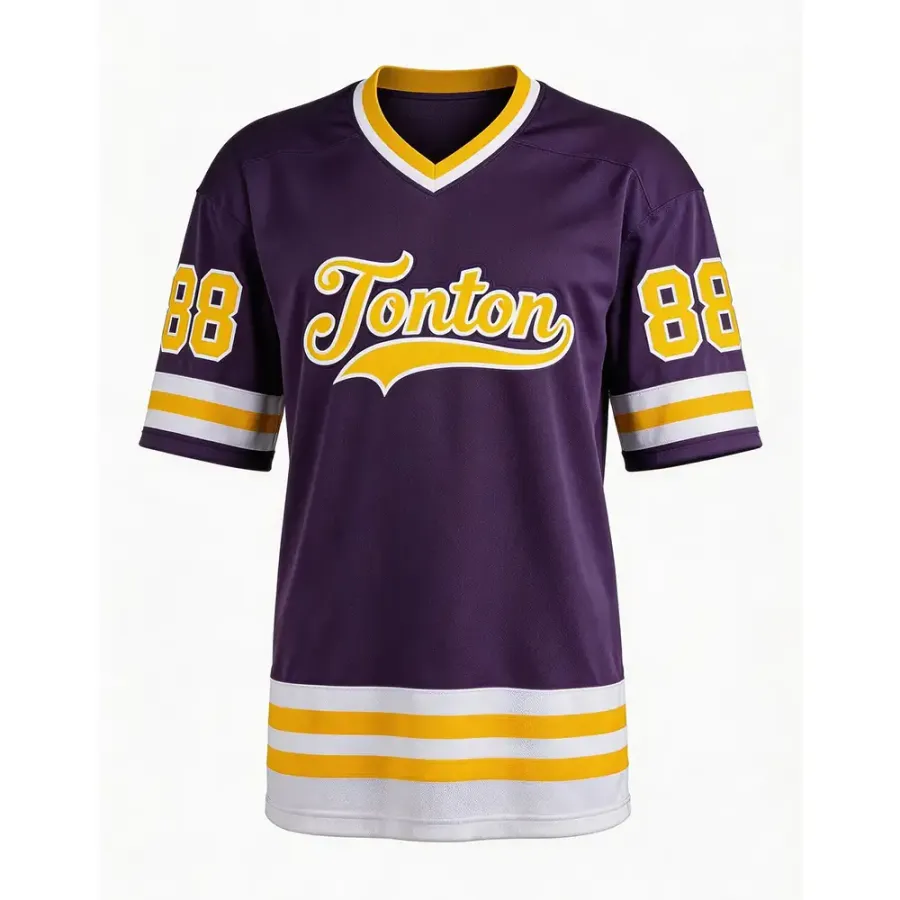Tricou de joc la lacrosse Tonton cu logo violet în stil script – cu margine festonată, echipament de înaltă performanță pentru meci