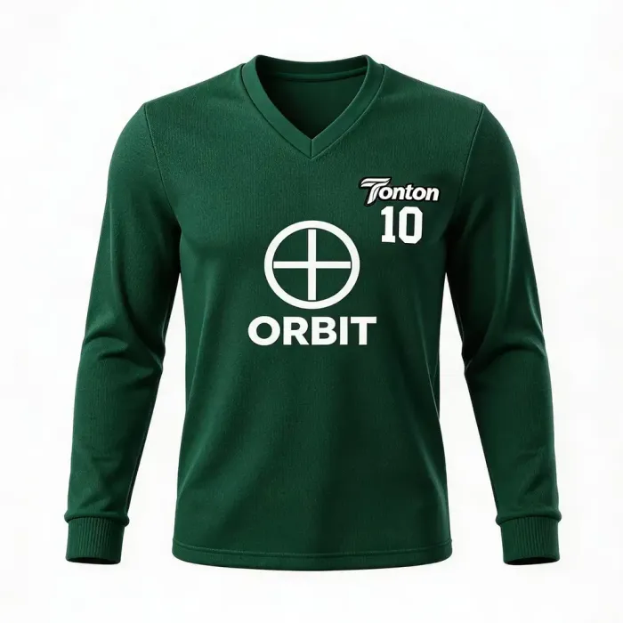 tonton dark green custom lacrosse shooting shirt front view with ORBIT text and circular crosshair logo