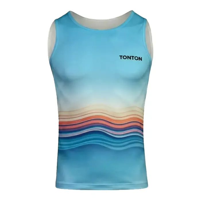 tonton light blue custom wrestling base layers front view with colorful sunset wave lines tight-fitting vest