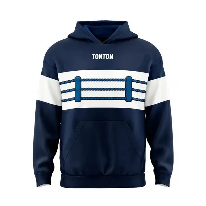 tonton navy blue custom wrestling warm-up hoodie front view with white horizontal stripe athletic team sportswear
