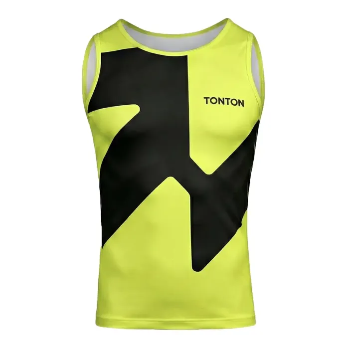 tonton neon yellow custom wrestling base layers front view with bold black geometric graphic tight-fitting vest