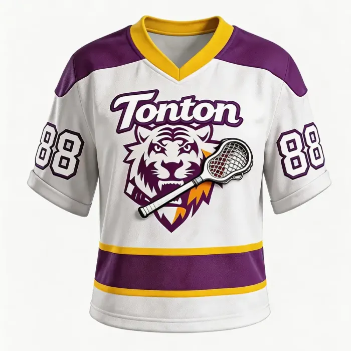 tonton white purple and yellow custom lacrosse game jersey front view with fierce tiger mascot logo sports uniform