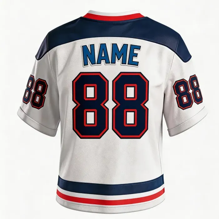 tonton white custom lacrosse game jersey back view with navy blue and red accents featuring name and number 88