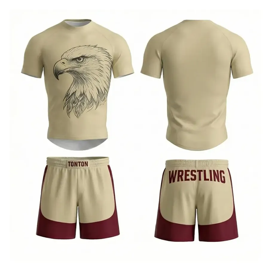 TONTON Golden Eagle Wrestling-Uniform – Zweiteiliges Set in Braun und Burgund für intensives Grappling