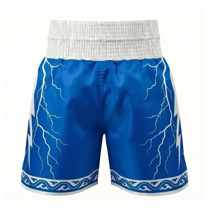 tonton blue custom boxing shorts back view featuring lightning bolts design sportswear