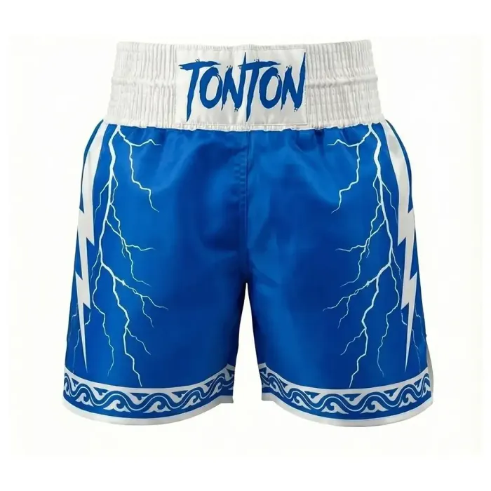 tonton blue custom boxing shorts front view with white lightning graphics and greek key border fightwear