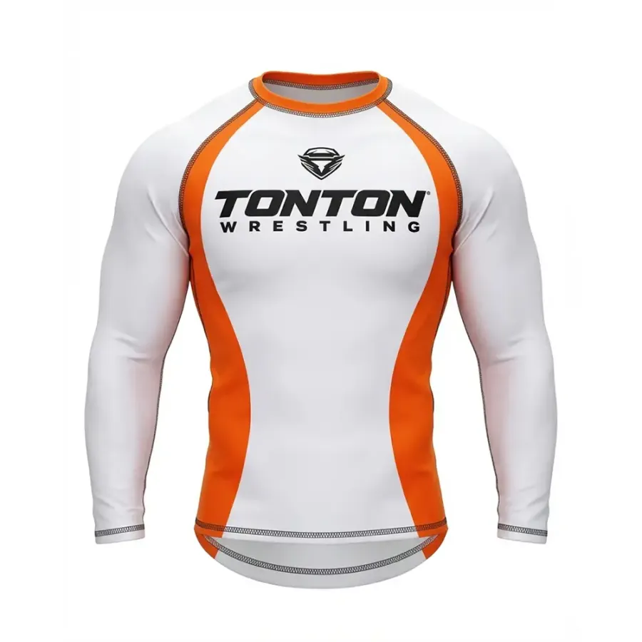 TONTON-Performance-Wrestling-Kompressions-Shirt in Weiß & Orange – hautenges Basis-Shirt mit 4-Wege-Stretch fürs Matte-Training