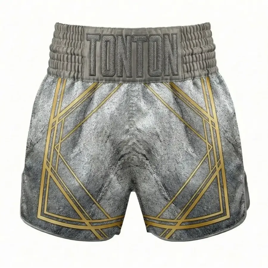 Shorts Muay Thai Tonton cu textură de piatră și motive geometrice aurii – Echipament de luptă premium cu finisare reforțată