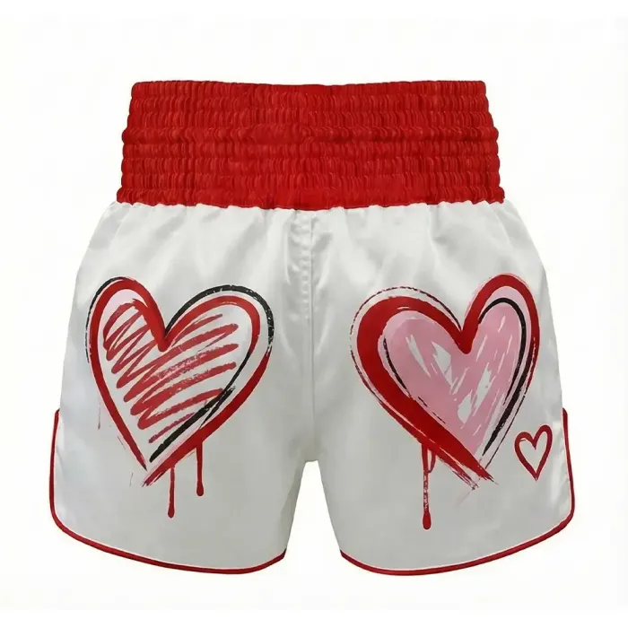 tonton white custom kickboxing shorts back view featuring red heart design athletic apparel