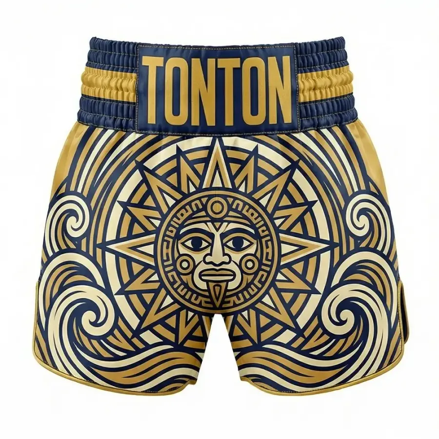 Tonton Gold Aztec Sun Calendar – Shorts pentru Muay Thai cu motiv cultural premium, în stil retro – echipament de luptă de înaltă calitate