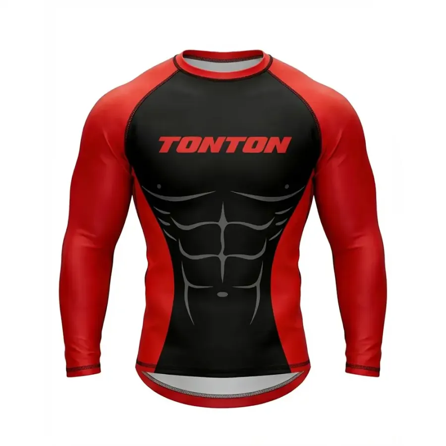 TONTON Rot-Schwarz-Muskelanatomie Wrestling-Rash-Guard – ultradichter Kompressions-Rash-Guard mit optimalen Matte-Brennschutz