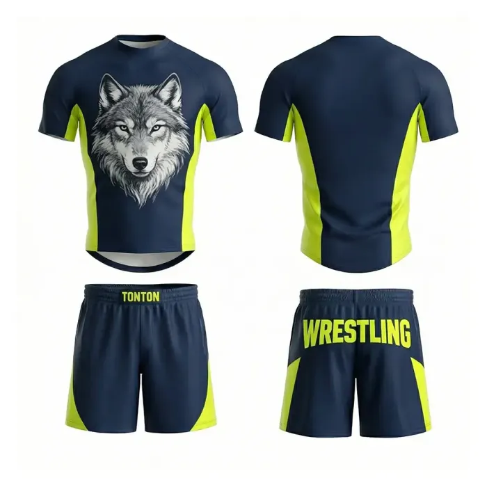 tonton navy blue and neon yellow custom wrestling two-piece uniform front view with wolf graphic fightwear