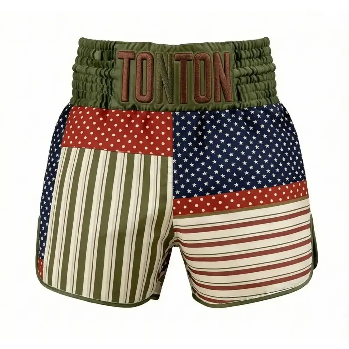 tonton american flag theme custom Muay Thai shorts front view stars and stripes fightwear