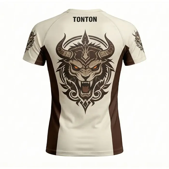 tonton cream custom rash guards back view featuring minotaur head graphic athletic fightwear