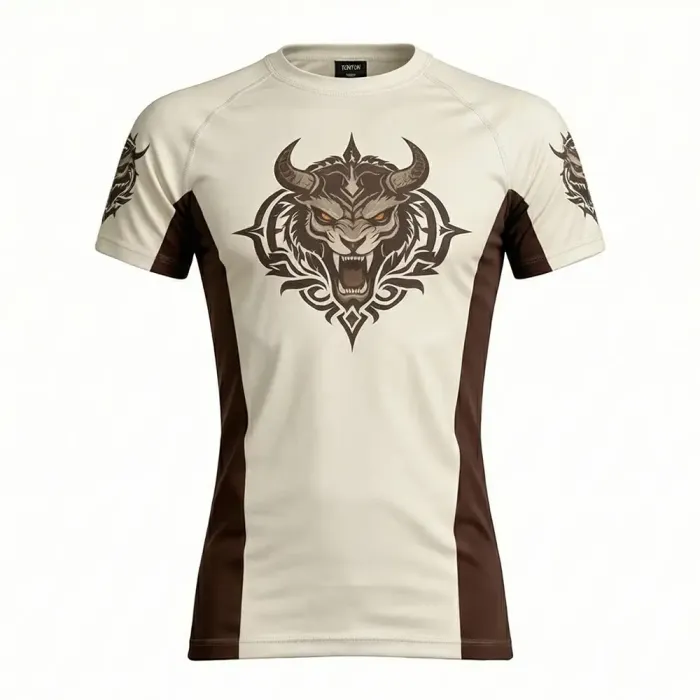 tonton cream custom rash guards front view with brown accents and minotaur graphic fightwear