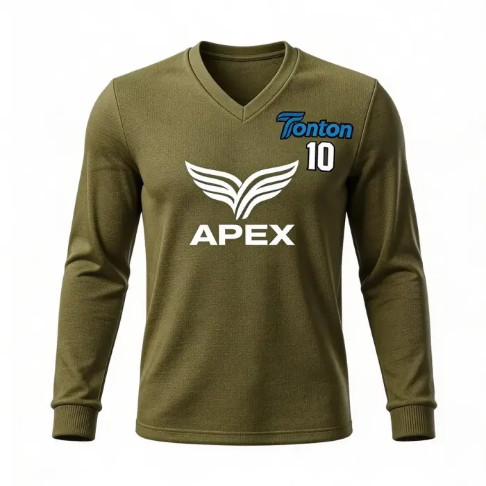 tonton olive green custom lacrosse shooting shirt front view with APEX text and wing logo sports gear