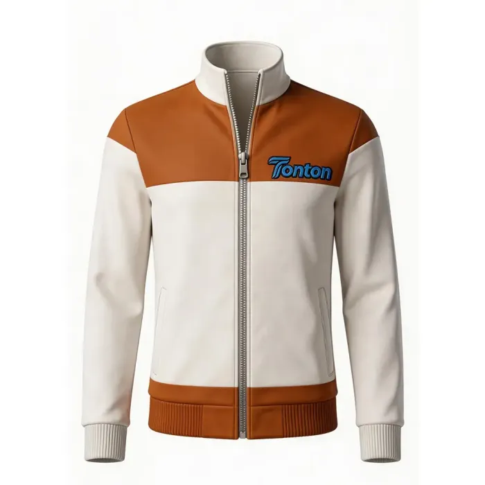 tonton cream and orange custom lacrosse warm-up jacket front view with color block shoulders